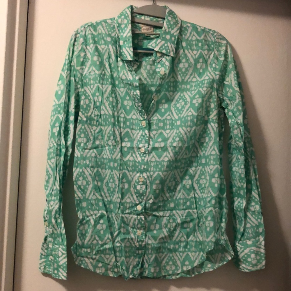J. Crew lightly worn green 100% cotton ikat print button down